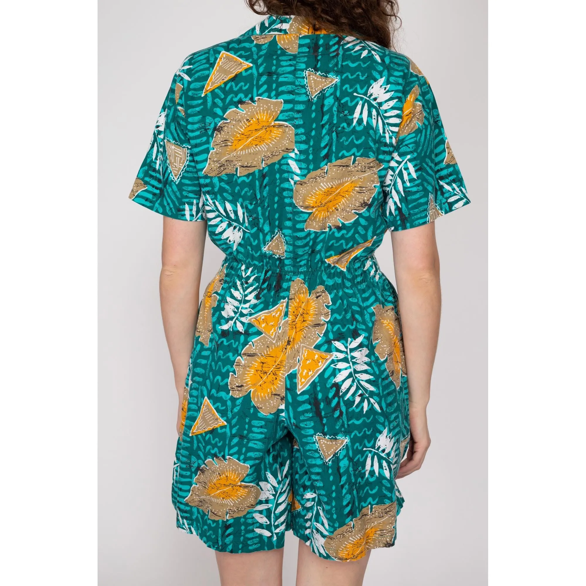 Small 90s Turquoise Tropical Leaf Print Cotton Romper