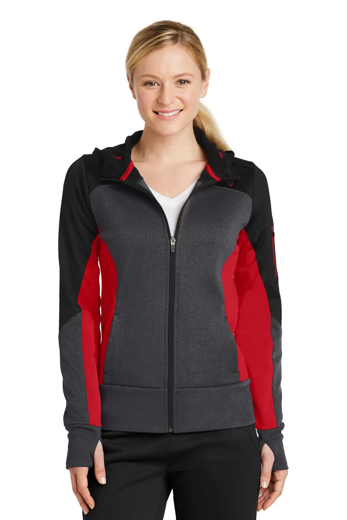 Sport Tek LST245 Sport-Tek Ladies Tech Fleece Colorblock Full-Zip Hooded Jacket SKU: LST245