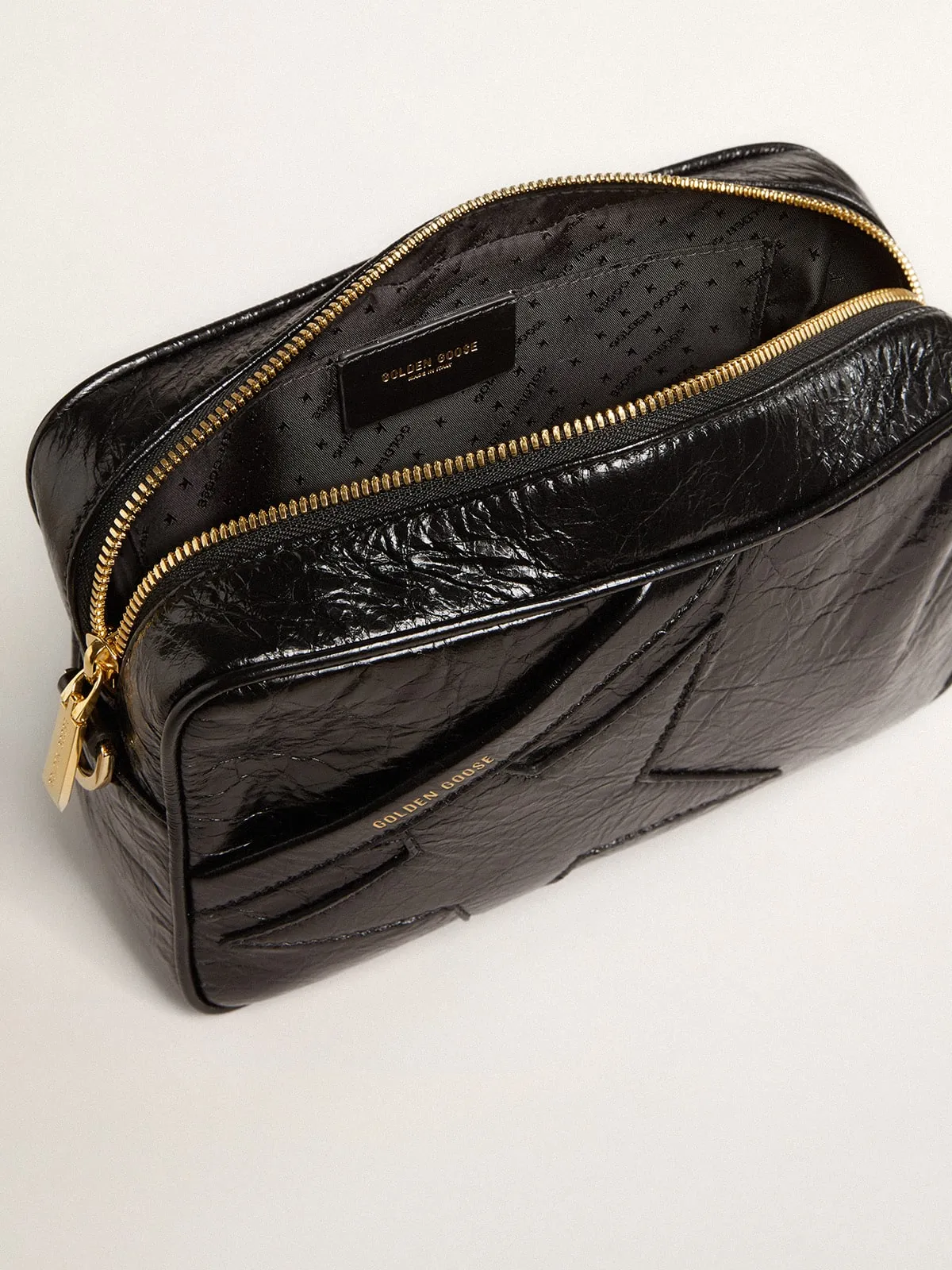 Star Bag in glossy black leather with tone-on-tone star