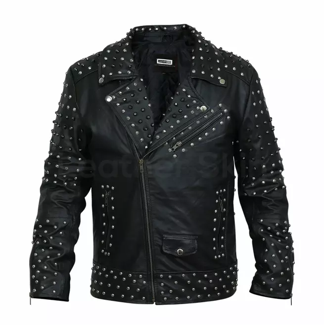 Steampunk Men's Leather Jacket With Cone Spike and Roundhead Studs