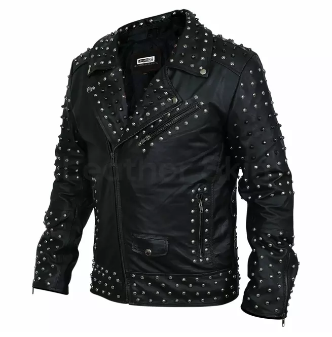 Steampunk Men's Leather Jacket With Cone Spike and Roundhead Studs