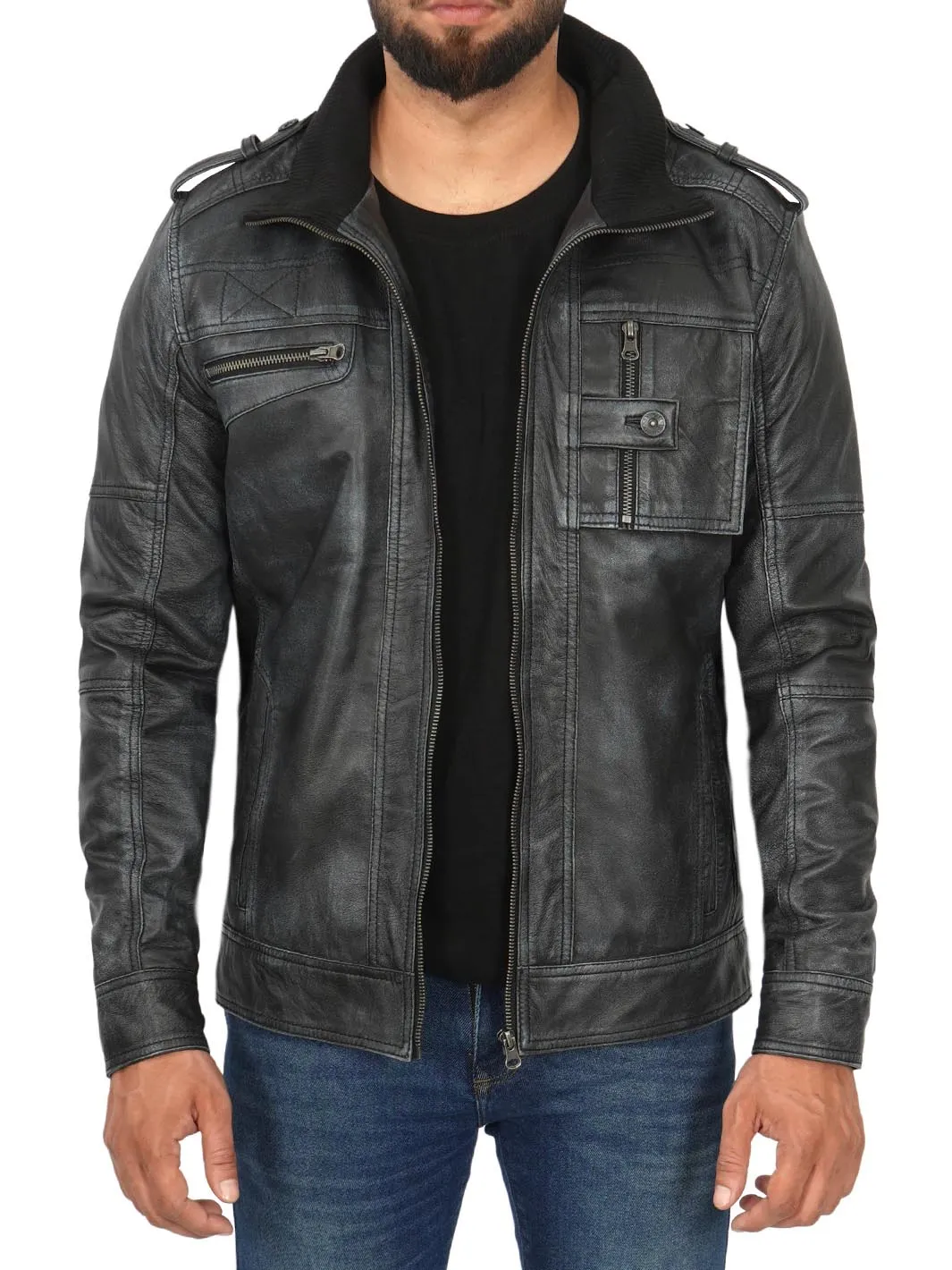 Tavares Mens Distressed Black Leather Biker Jacket