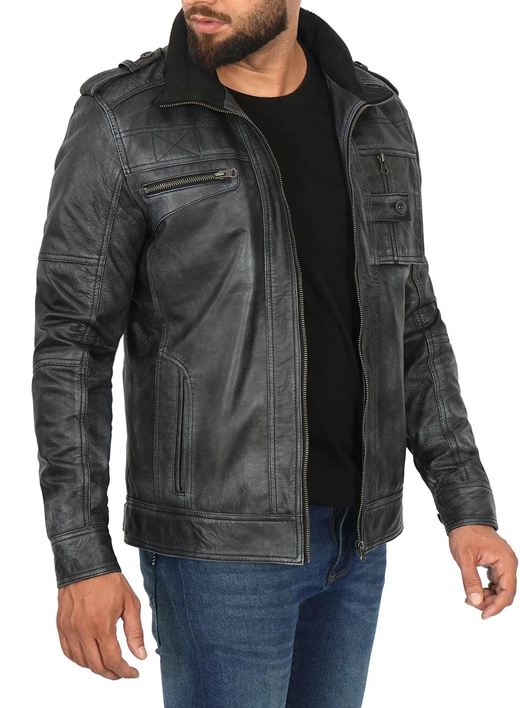 Tavares Mens Distressed Black Leather Biker Jacket