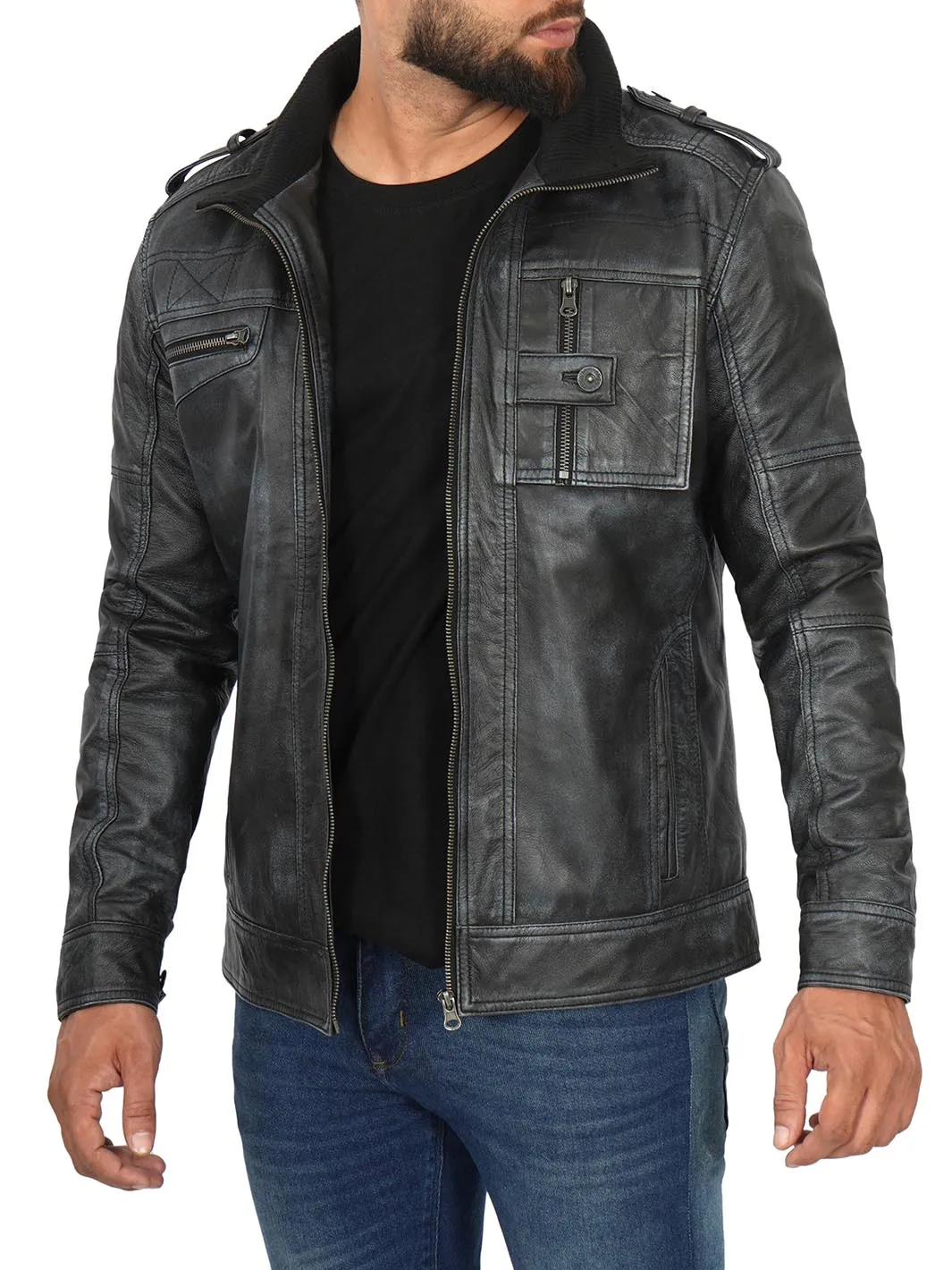 Tavares Mens Distressed Black Leather Biker Jacket