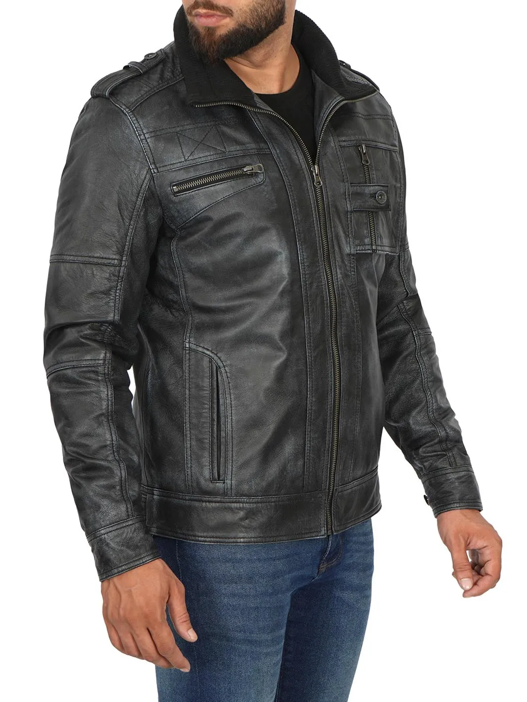 Tavares Mens Distressed Black Leather Biker Jacket