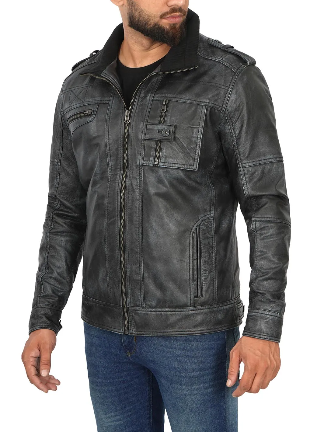 Tavares Mens Distressed Black Leather Biker Jacket