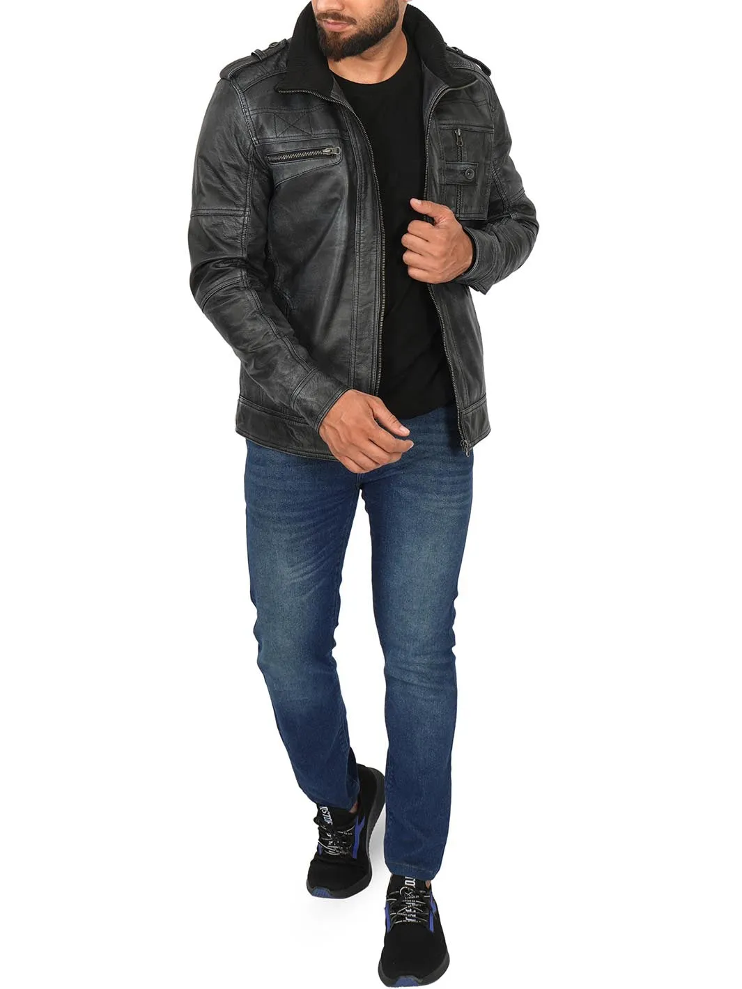 Tavares Mens Distressed Black Leather Biker Jacket