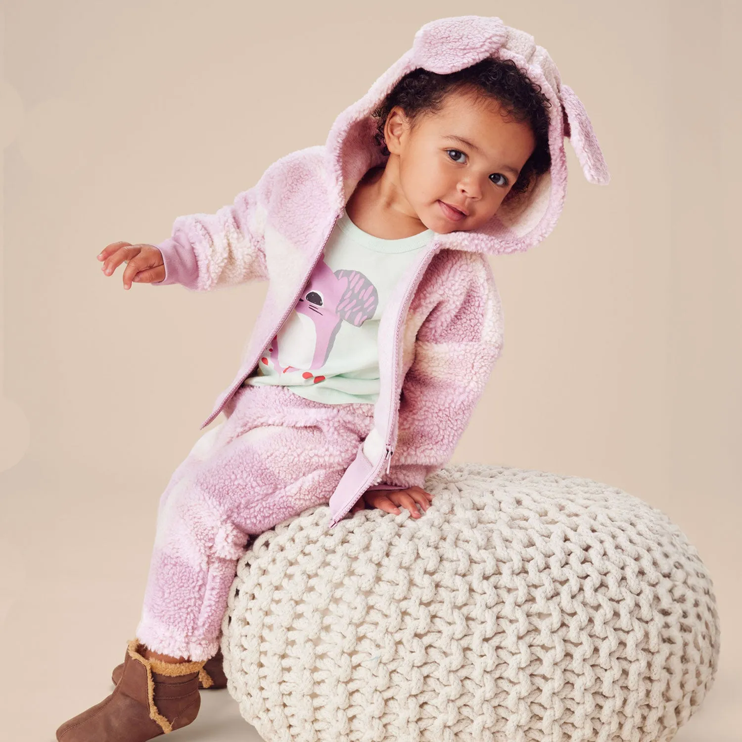 Teddy Fleece Bunny Ears Hoodie - Buffalo Plaid - Pale Purple - FINAL SALE