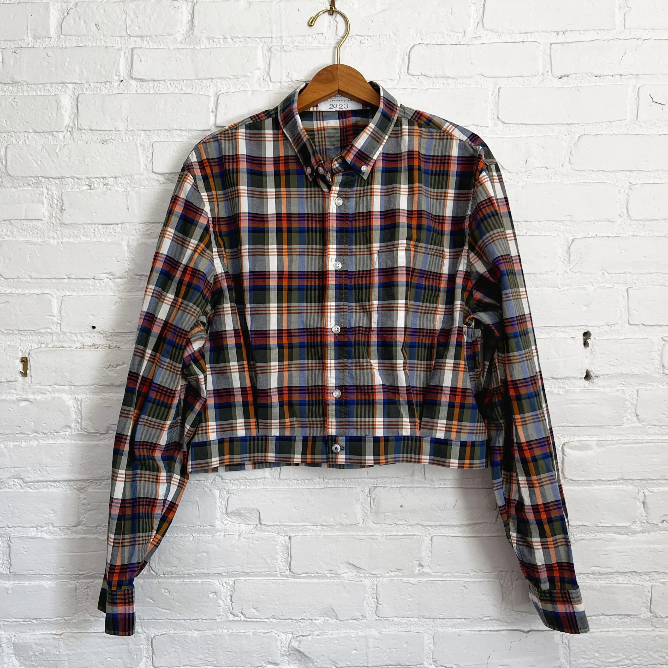 Upcycled Cropped Shirt Jacket - Orange and Green Plaid