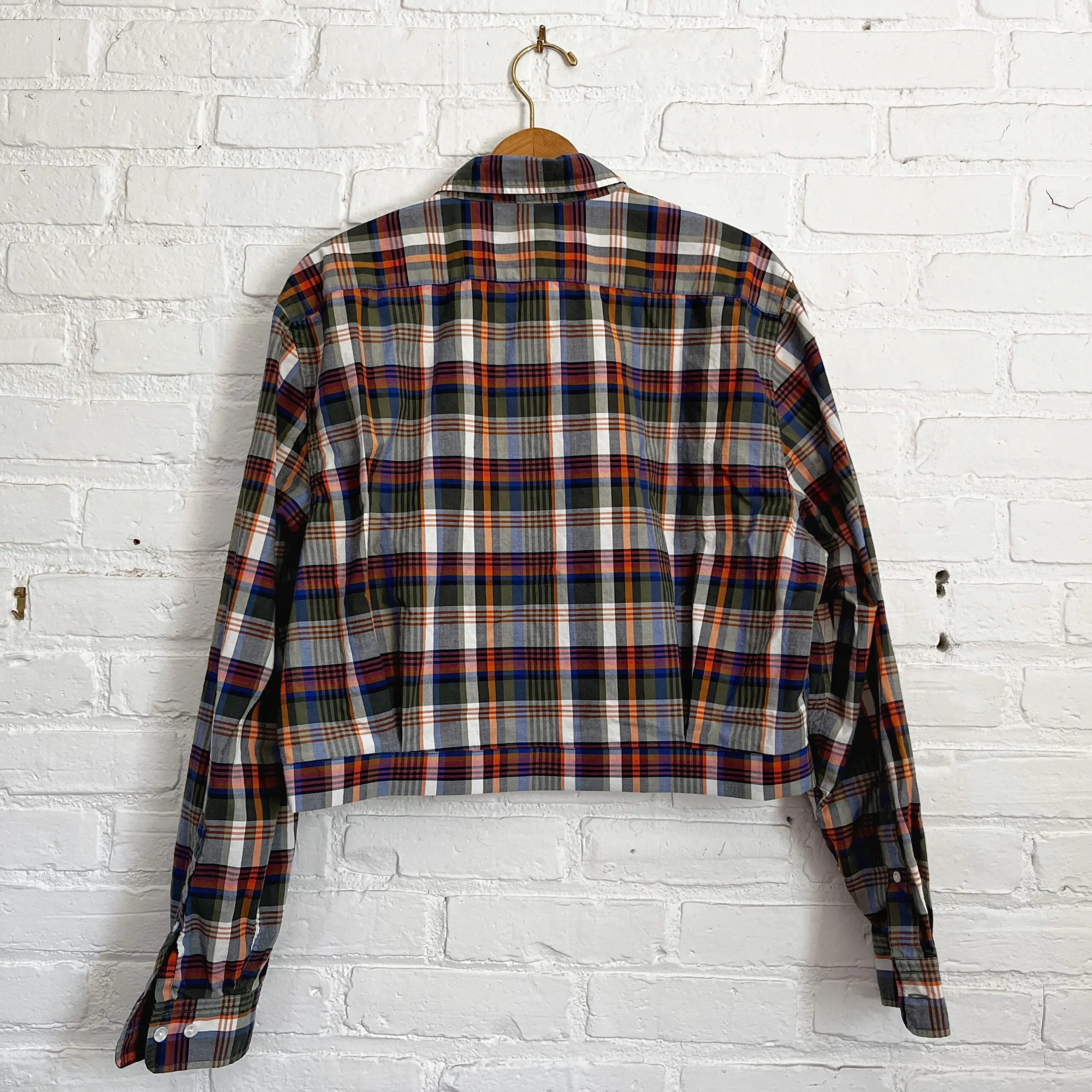 Upcycled Cropped Shirt Jacket - Orange and Green Plaid