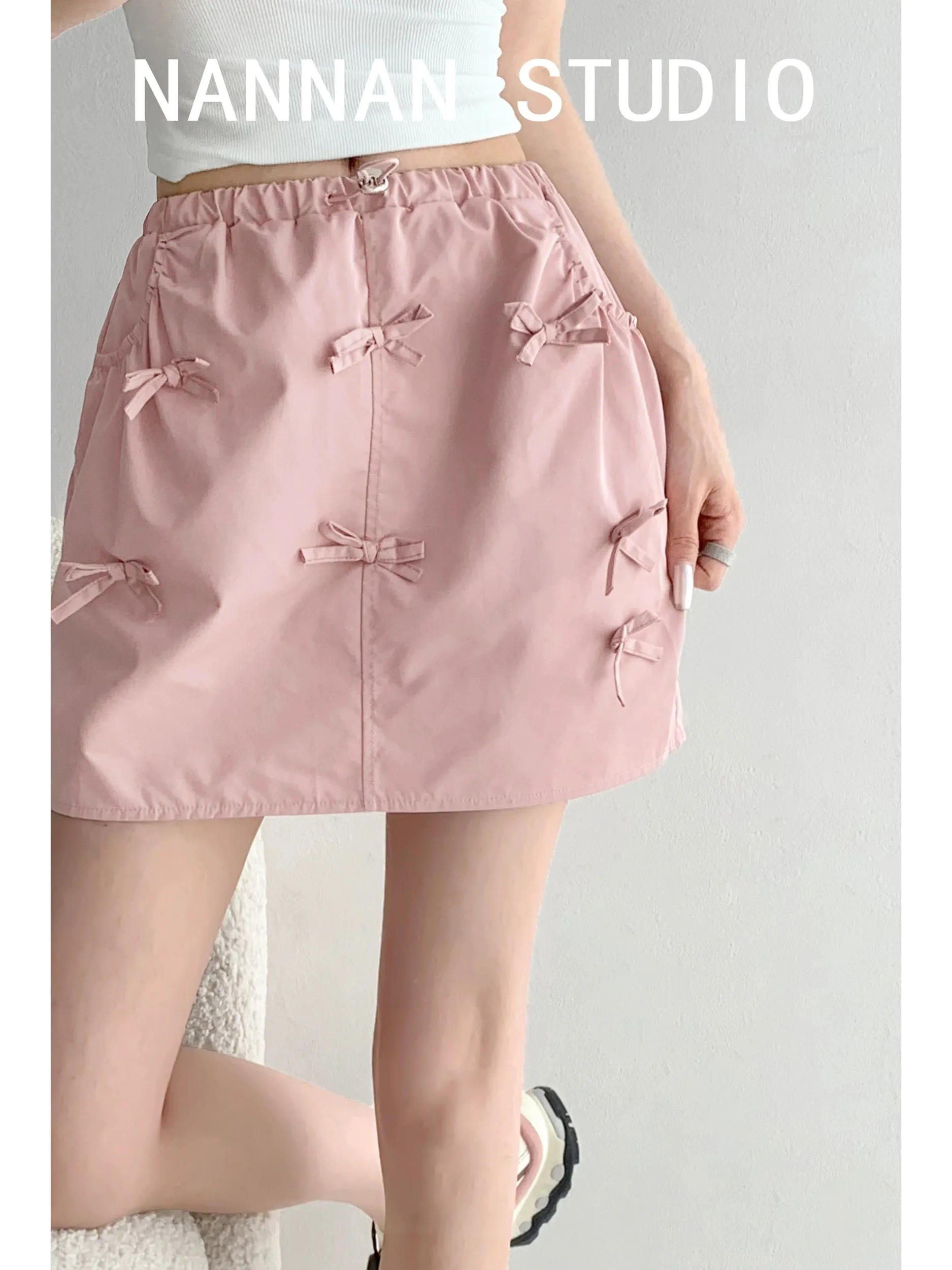 US High School Back to School Day/Three-dimensional Handmade Bow Workwear Skirt Women's Summer Elastic Waist Drawstring A-Line F