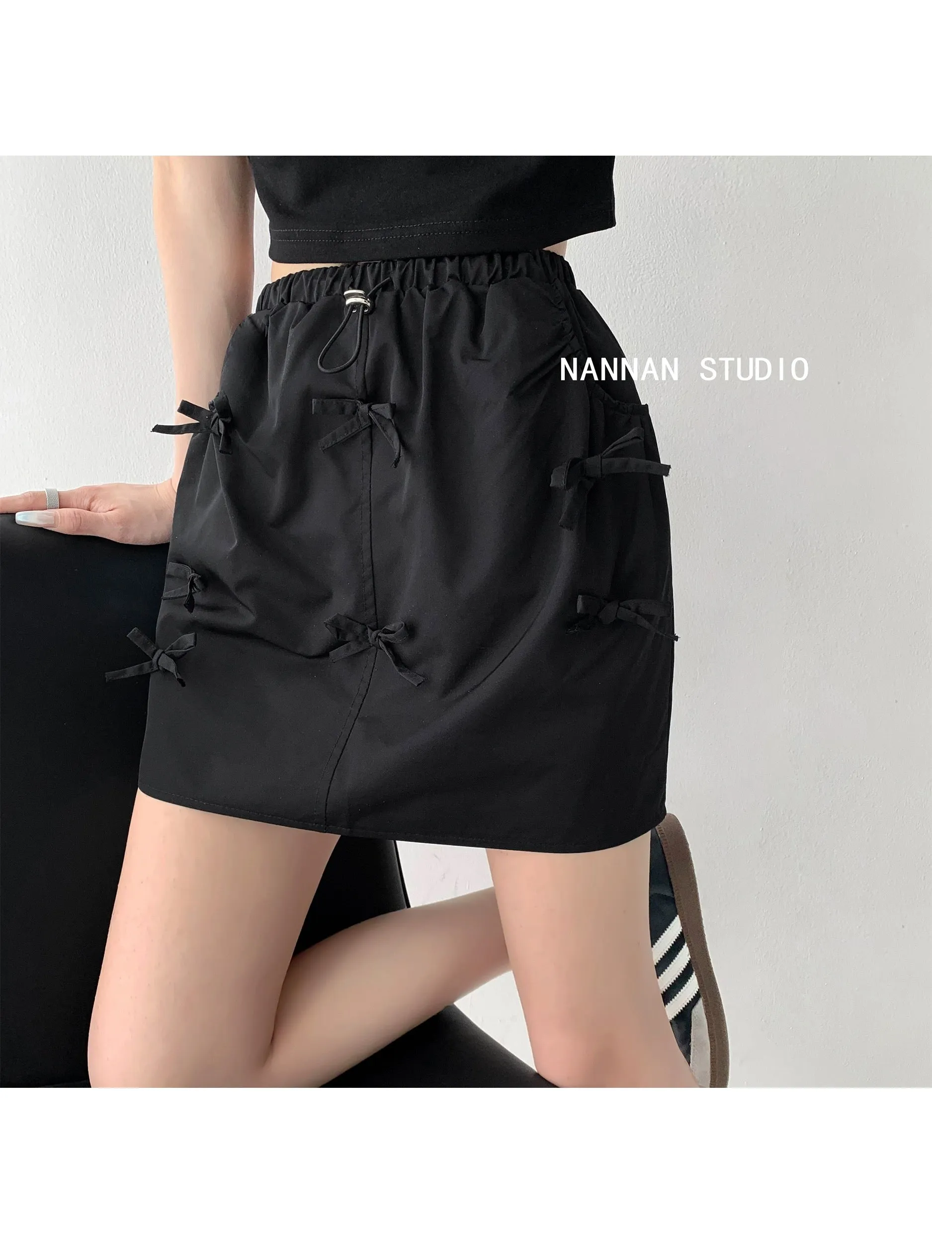 US High School Back to School Day/Three-dimensional Handmade Bow Workwear Skirt Women's Summer Elastic Waist Drawstring A-Line F