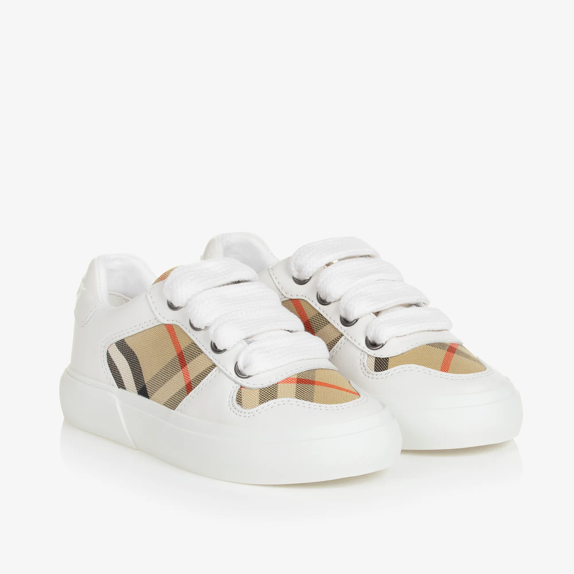 White & Beige Check Leather Trainers