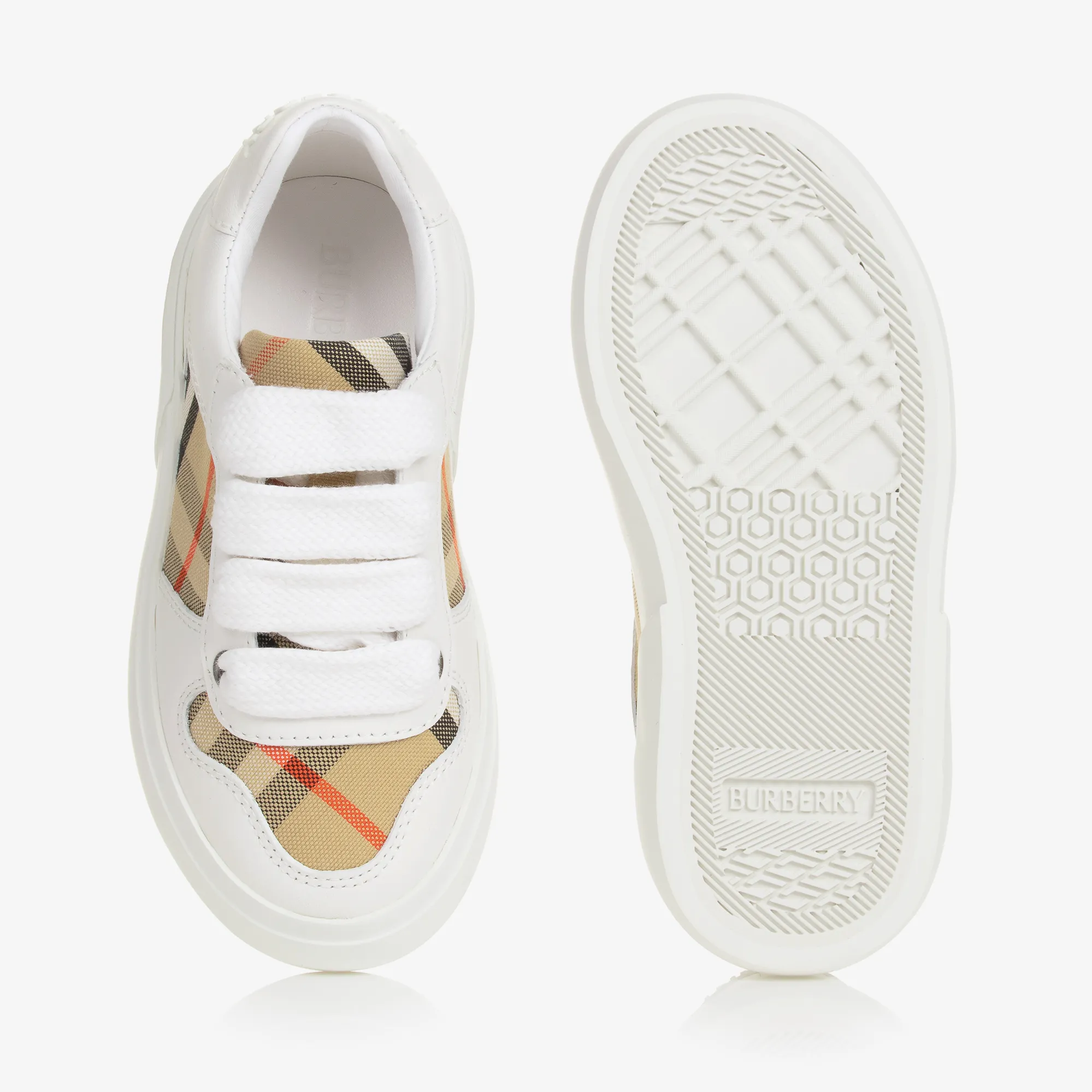 White & Beige Check Leather Trainers