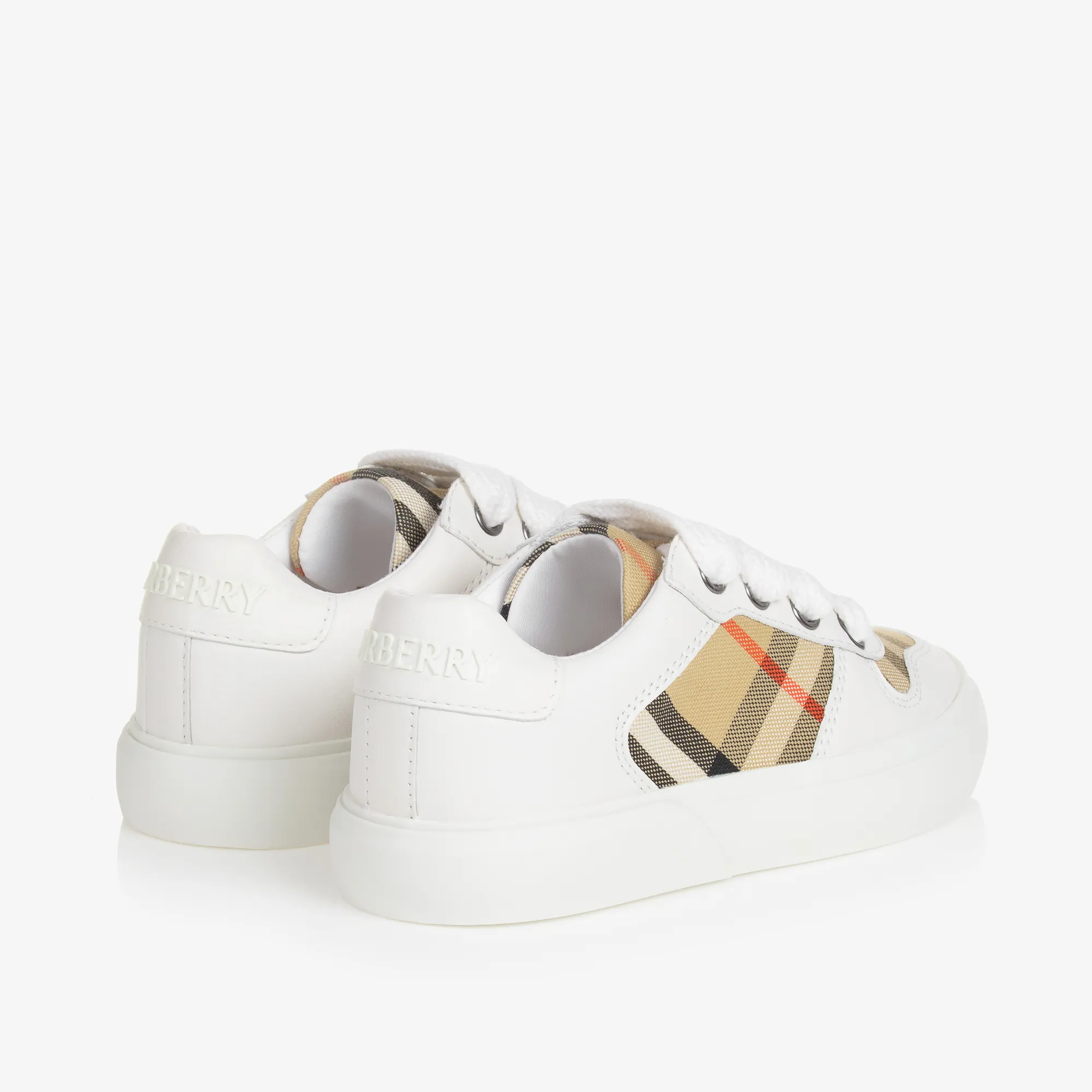 White & Beige Check Leather Trainers