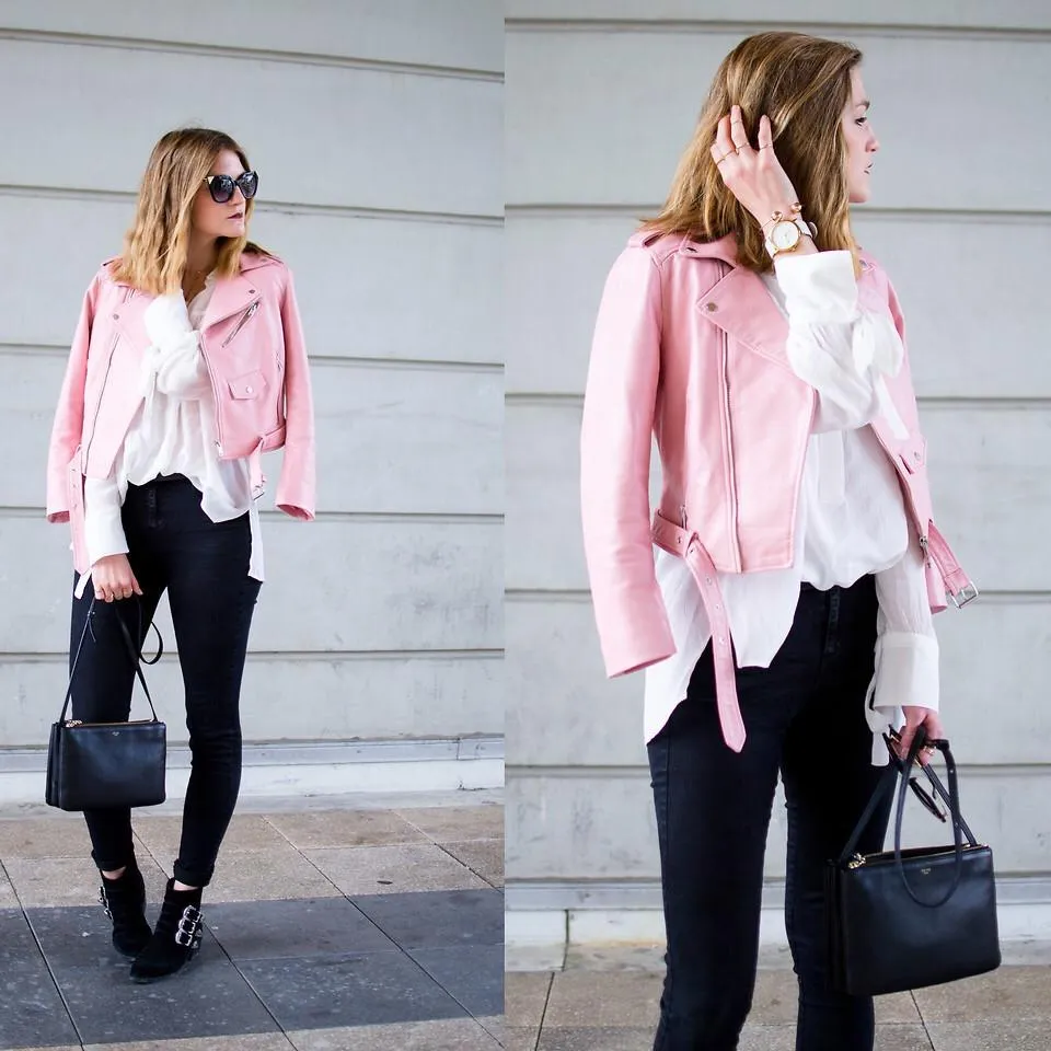 Women Pink Brando Belted Leather Jacket with Shoulder Epaulettes - Leather Skin Shop