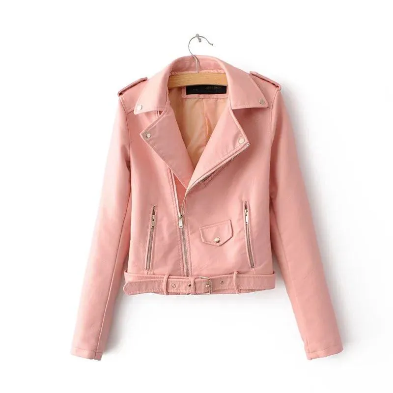 Women Pink Brando Belted Leather Jacket with Shoulder Epaulettes - Leather Skin Shop