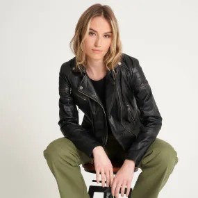 Women's Washed Clara Leather Biker Jacket - Barneys Originals