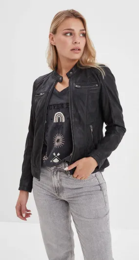 Women's black leather jacket in pink garden style maya