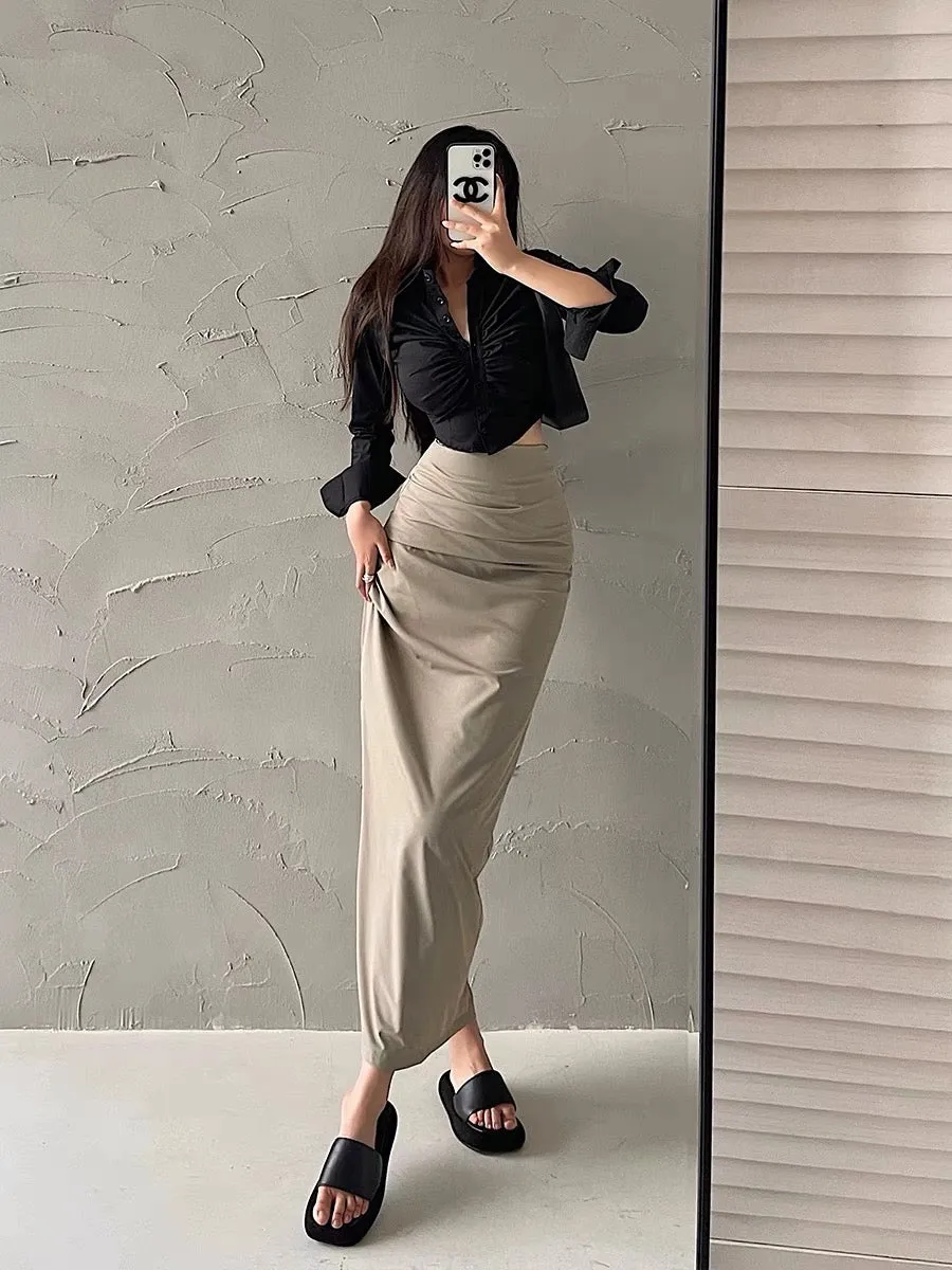 YoungGirlDay European and American sexy high-waist slim pleated slit tight hip-hugging workwear skirt long skirt for women