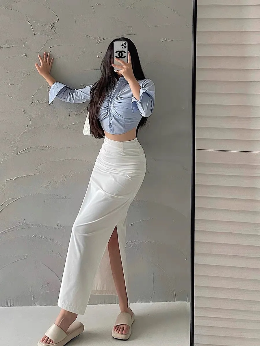 YoungGirlDay European and American sexy high-waist slim pleated slit tight hip-hugging workwear skirt long skirt for women