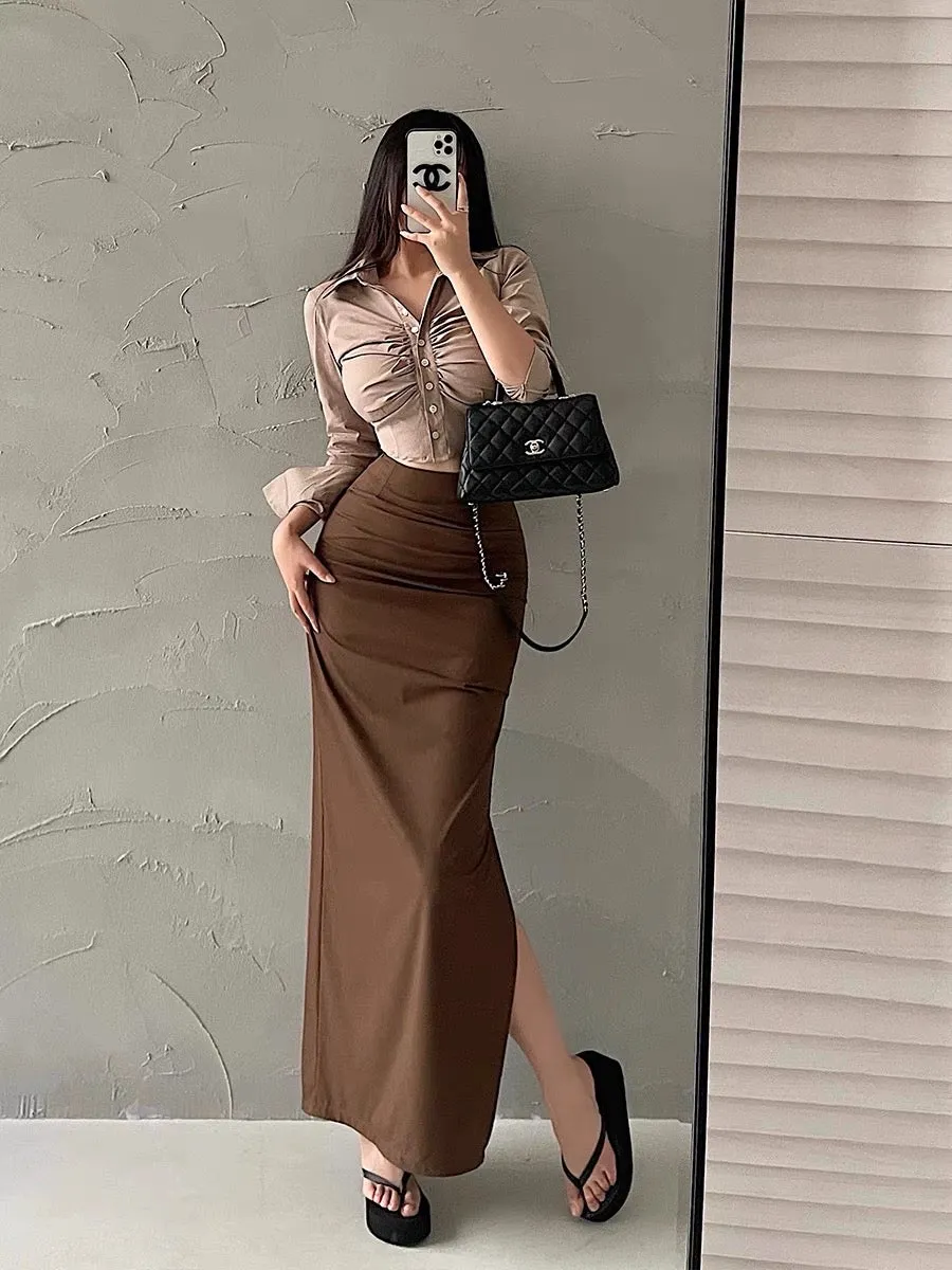 YoungGirlDay European and American sexy high-waist slim pleated slit tight hip-hugging workwear skirt long skirt for women