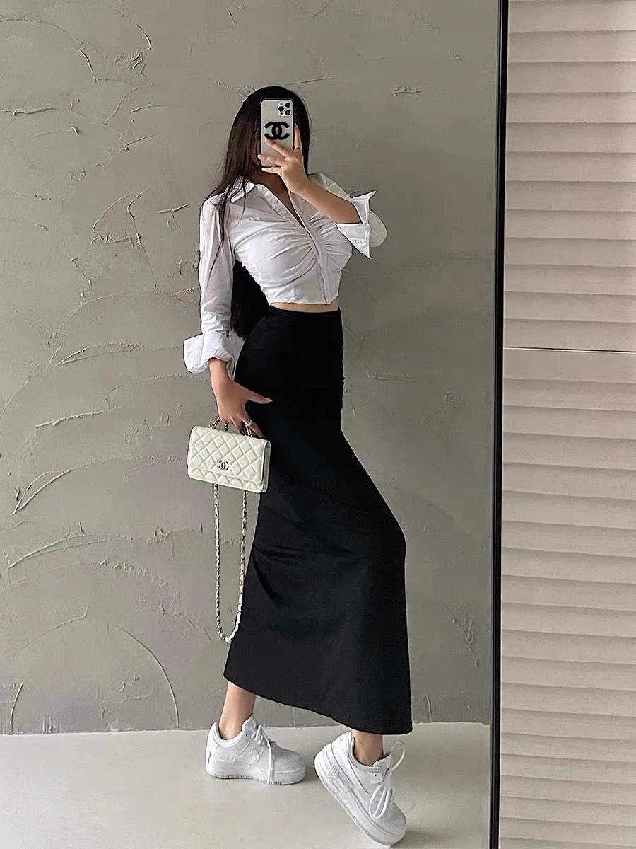 YoungGirlDay European and American sexy high-waist slim pleated slit tight hip-hugging workwear skirt long skirt for women